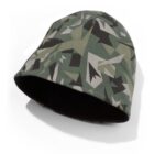 A camouflaged beanie featuring a geometric pattern in shades of green, gray, and black. The beanie is displayed against a plain white background.