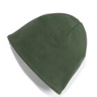 A green beanie hat is shown against a white background. The beanie is laid flat, with its smooth texture and simple design visible.