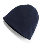 A dark blue beanie hat on a white background, with a smooth texture and a slightly curved shape.