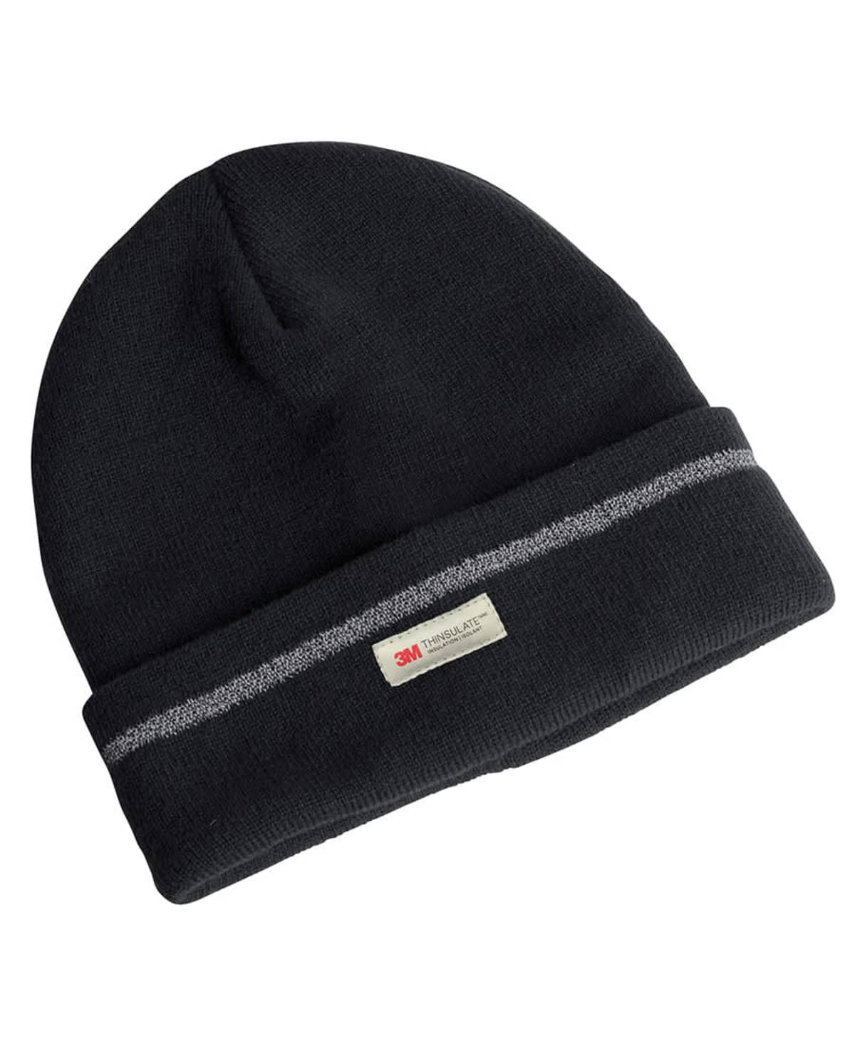 Black beanie with a folded brim featuring a small 3M Thinsulate label. There is a thin, light gray stripe running around the brim.