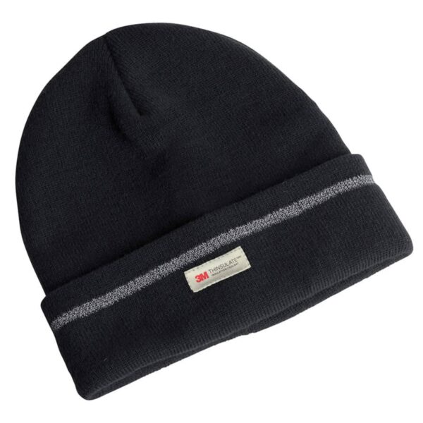 A dark green beanie with a folded brim featuring a gray reflective stripe and a small 3M Thinsulate label on the front. The beanie has a simple, warm design.