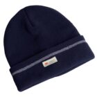 Navy blue knit beanie with a gray stripe above the folded cuff. It features a small rectangular label with the 3M Thinsulate logo.