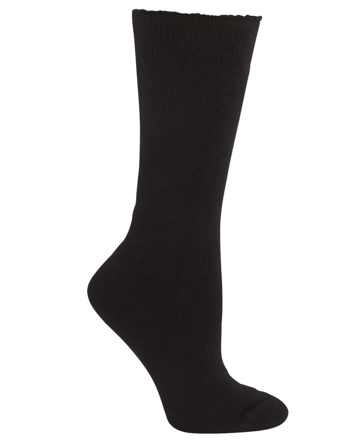 A single black sock is displayed against a white background. The sock is in an upright position, with the heel and toe areas clearly visible.