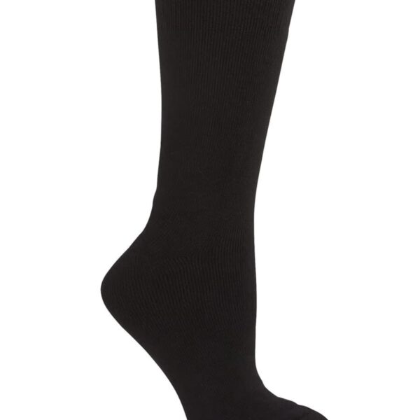 Black sock displayed on an invisible foot model, showcasing its texture and stretch. The sock is ribbed and mid-calf in length.