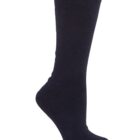A single black knee-high sock is displayed against a white background.