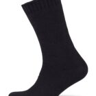 A single black sock displayed vertically against a white background. The sock has a ribbed cuff at the top and a seamless toe. It is fully extended to show its shape and texture.