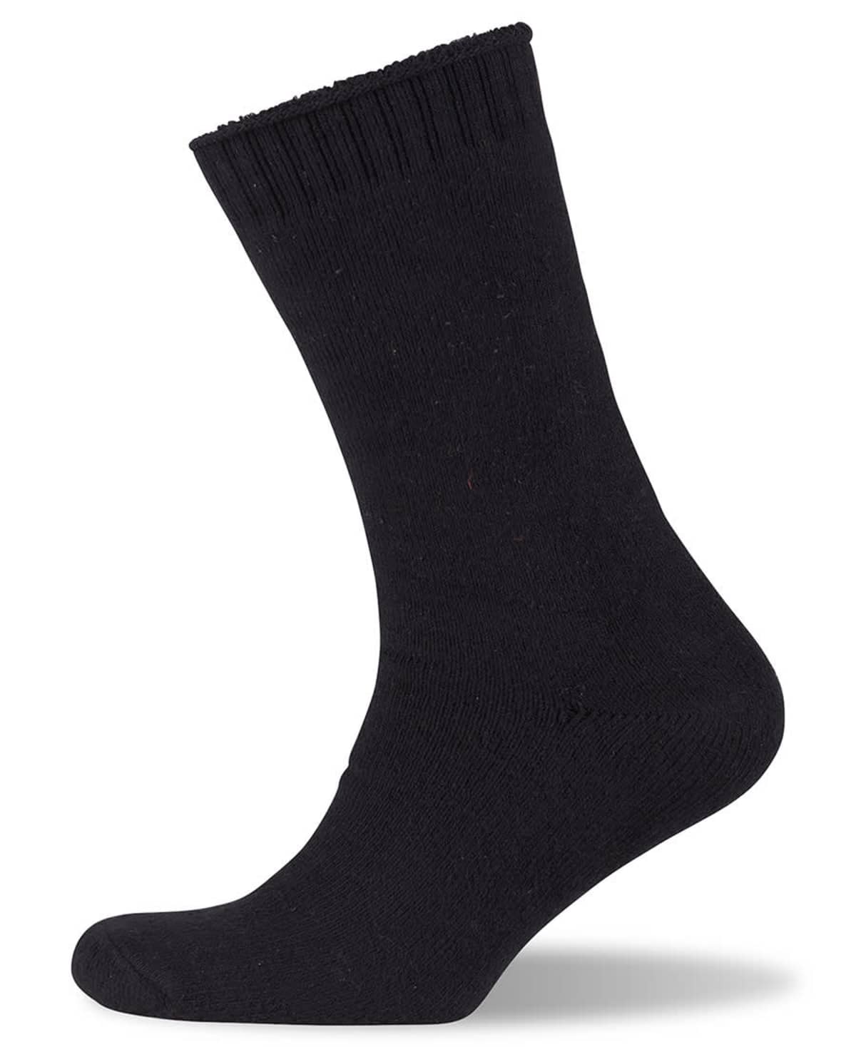 A single black sock displayed vertically against a white background. The sock has a ribbed cuff at the top and a seamless toe. It is fully extended to show its shape and texture.