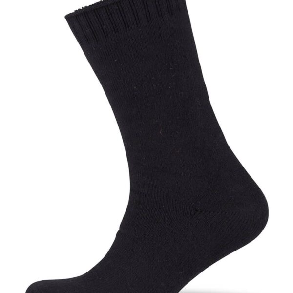 A single black sock is shown against a white background. The sock is ribbed at the top and has a smooth texture.