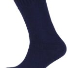 A single navy blue sock is shown standing upright against a white background. It features a ribbed cuff at the top and a smooth texture throughout the rest of the sock.