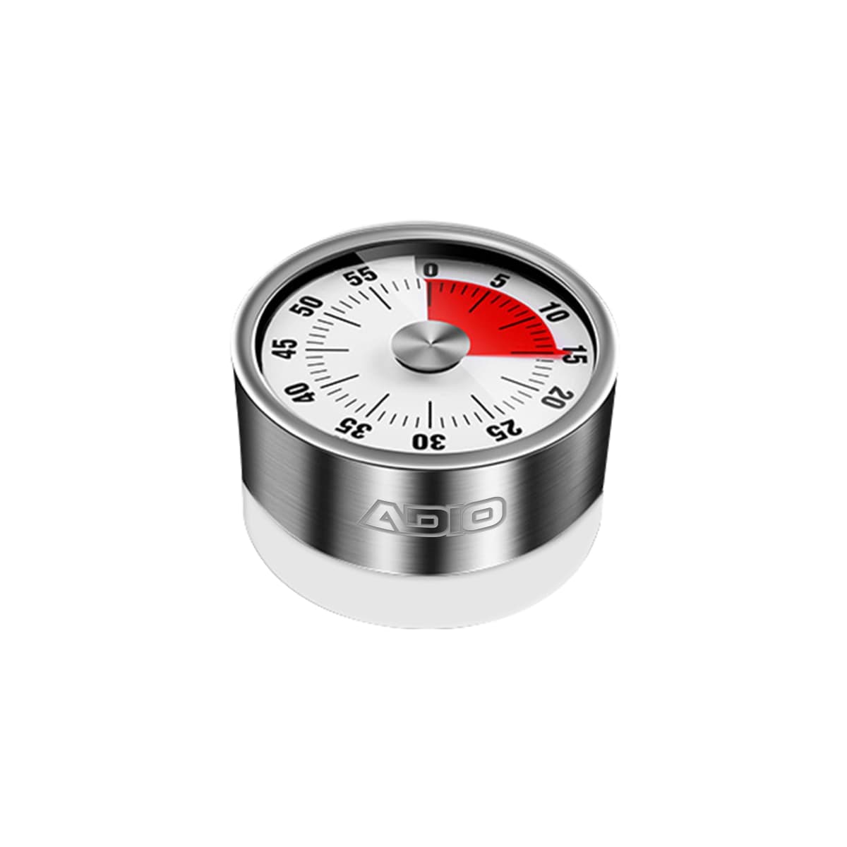 A silver mechanical kitchen timer set to 13 minutes. The dial features black numbers at five-minute intervals from 0 to 60, and a red countdown area. The timer is positioned upright against a white background.