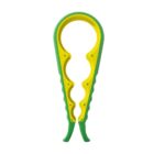 A green and yellow bottle opener with a dual handle, designed to grip and twist open jar lids of various sizes. Its ergonomic grips offer ease of use, with a zigzag design for adjustable fitting. Set against a white background.