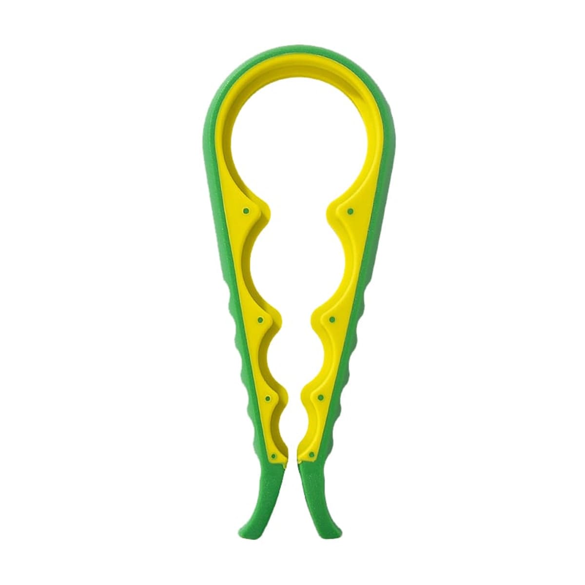 A green and yellow bottle opener with a dual handle, designed to grip and twist open jar lids of various sizes. Its ergonomic grips offer ease of use, with a zigzag design for adjustable fitting. Set against a white background.