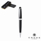 Black Cross pen with silver accents, shown with case and Cross logo in the corner.