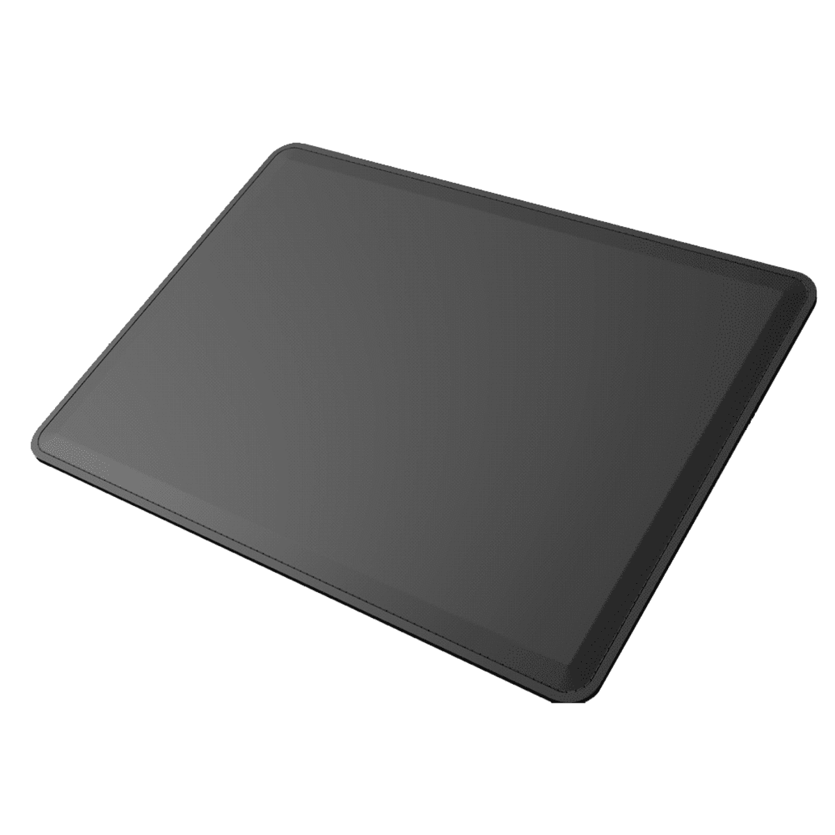 A sleek, black, rectangular graphics tablet with rounded edges and a smooth surface, viewed at an angle.