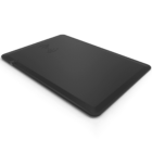 A black, rectangular wireless charging pad with smooth edges and a small charging symbol on the surface.