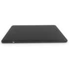 A sleek, black wireless charging pad with a subtle circular charging symbol on the surface, lying flat on a white background.