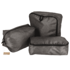 Three gray packing cubes of different sizes are displayed against a white background. Each has black zippers, and the fabric has a subtle textured appearance. A small tag is attached to one cube.