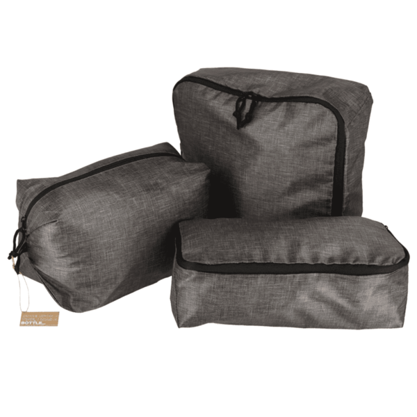 Three gray packing cubes of different sizes are displayed against a white background. Each has black zippers, and the fabric has a subtle textured appearance. A small tag is attached to one cube.