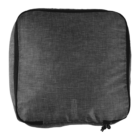 A gray square cushion with a subtle woven texture. The cushion has a black border and a zipper along one edge.