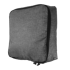A square, gray zippered bag with a subtle textured pattern. The bag has a black zipper running along one edge and two zipper pulls. It appears to be made of a sturdy fabric.