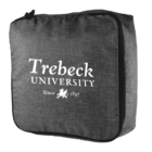 A dark gray fabric pouch with a zipper, featuring the text Trebeck University and Since 1897 in white, alongside a lion emblem. The pouch has a rectangular shape with a clean, minimalist design.