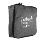 Gray fabric bag with black trim, featuring white text that reads Trebeck University and Since 1897 above a small emblem of a lion. The bag is square and secured with a drawstring closure.