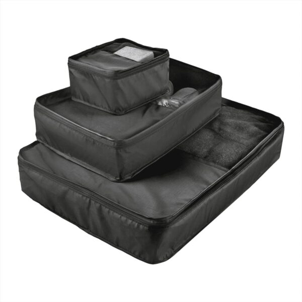Three black packing cubes are stacked on top of each other. The smallest cube is on top, followed by a medium and a large cube. Each cube has a zipper and mesh panel for visibility.