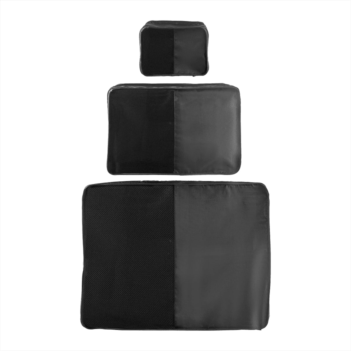 Three black packing cubes of varying sizes are arranged vertically on a white background. The smallest cube is at the top, followed by a medium-sized cube, and the largest cube at the bottom. Each features a mesh panel on one side.