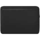 A black laptop sleeve with a zipper pocket on the front. The design is minimalistic and sleek, suitable for protecting a laptop.
