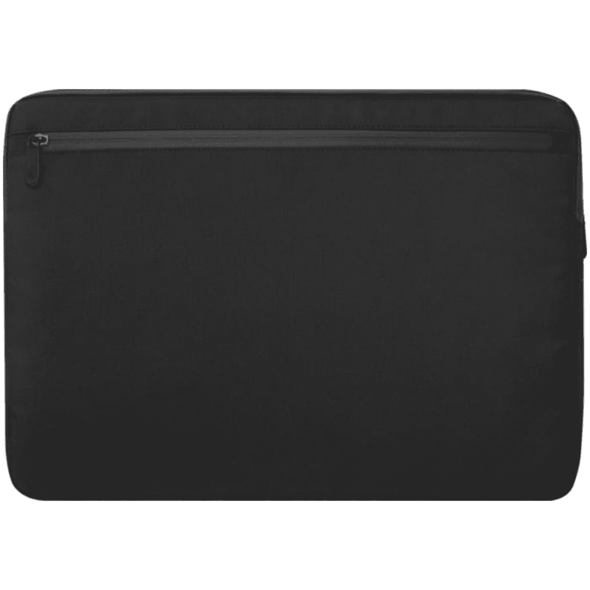 A black laptop sleeve with a zipper pocket on the front. The design is minimalistic and sleek, suitable for protecting a laptop.