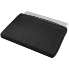A laptop partially slides out of a sleek, black zippered sleeve, revealing a hint of its silver edge. The sleeve is laid flat against a plain white background, showcasing its simple and minimalist design.