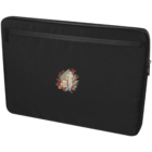 A black laptop sleeve with a zippered top. It features a geometric design with a running person and the words RUN and towards your dreams in the center.