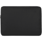 A black zippered laptop sleeve made of fabric. The sleeve has a minimalist design with no visible logos or patterns. It appears to be durable and suitable for protecting a laptop during transportation.