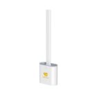 A white toilet brush with a long, straight handle placed inside a matching rectangular holder. The holder features a yellow logo with the text HAPPIclean beneath it. The background is plain white.