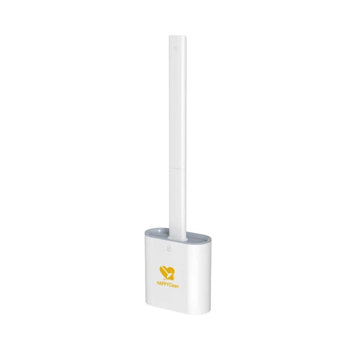 A white toilet brush with a long, straight handle placed inside a matching rectangular holder. The holder features a yellow logo with the text HAPPIclean beneath it. The background is plain white.