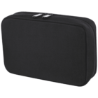 Black rectangular zippered fabric case, viewed from an angle. The case is closed with two metallic zipper pulls and has a textured surface. It appears sturdy and is designed for storage or transport of small items.