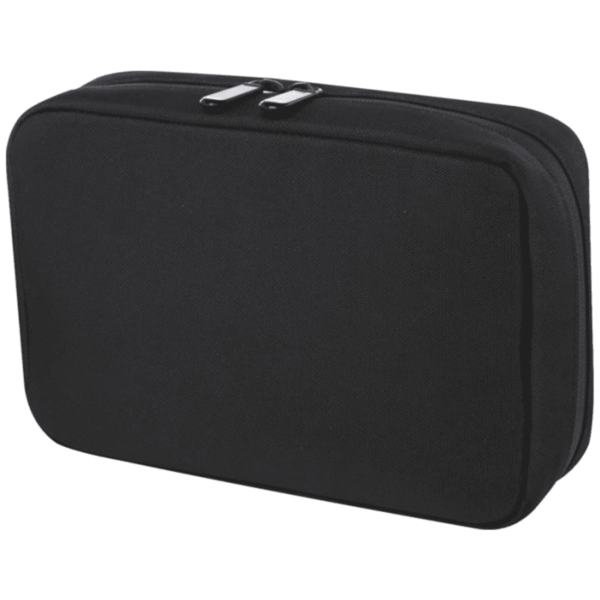 Black rectangular zippered fabric case, viewed from an angle. The case is closed with two metallic zipper pulls and has a textured surface. It appears sturdy and is designed for storage or transport of small items.