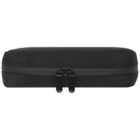 A black, rectangular hard-shell zippered case is shown against a white background. The case has a sleek design and features two zipper pulls at the front.