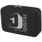 A black zippered rectangular bag with a logo. The logo features a geometric design and the words SOFTWARE DIGITAL in gray. The bag has two zippers with metallic pull tabs.