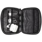 Open travel case with organized electronic accessories, including white wireless earbuds and various charging cables secured in mesh pockets. The case has a soft, dark interior with elastic bands for holding items in place.