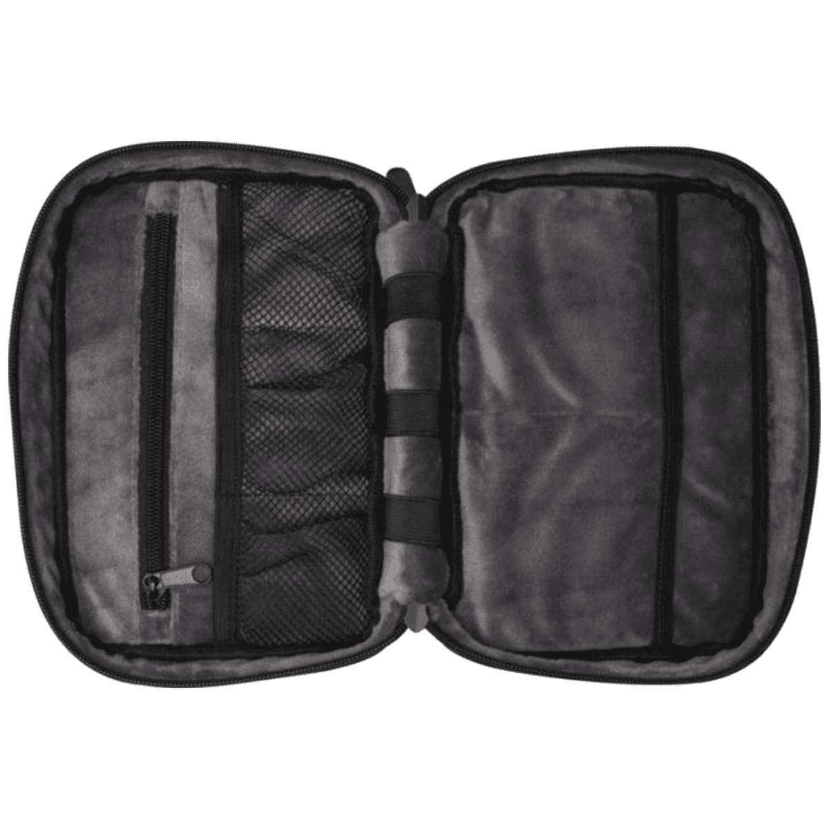 Open black zipper case with two compartments. The left side features a small zippered pocket and mesh slots; the right side has horizontal bands for securing items. The interior is lined with a soft material.