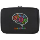 A black bag with a colorful brain design made of gears. The word BRAINSTORM is written below the brain in multicolored letters.