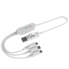 A multi-device charging cable with a USB connector on one end and three different connectors (USB-C, Lightning, Micro USB) on the other. The cable is white with a section labeled Your Logo for customization.