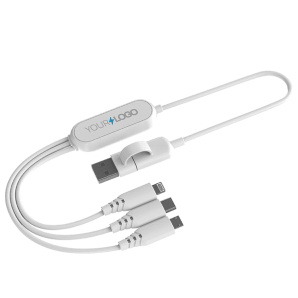 A multi-device charging cable with a USB connector on one end and three different connectors (USB-C, Lightning, Micro USB) on the other. The cable is white with a section labeled Your Logo for customization.