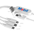 Multi-charging cable with connectors: USB Type-A, two USB Type-C, Lightning, and Micro USB. Set against a white background, the hub is marked with the word “Mobil” in blue and red text.