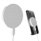 A silver wireless charging pad is shown connected by a cable. Next to it, a smartphone with a similar pad attached to its back is depicted, illustrating the wireless charging function.