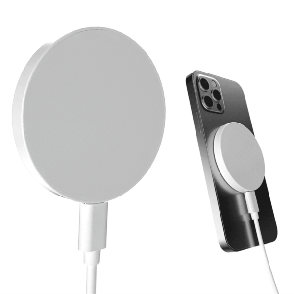 A silver wireless charging pad is shown connected by a cable. Next to it, a smartphone with a similar pad attached to its back is depicted, illustrating the wireless charging function.