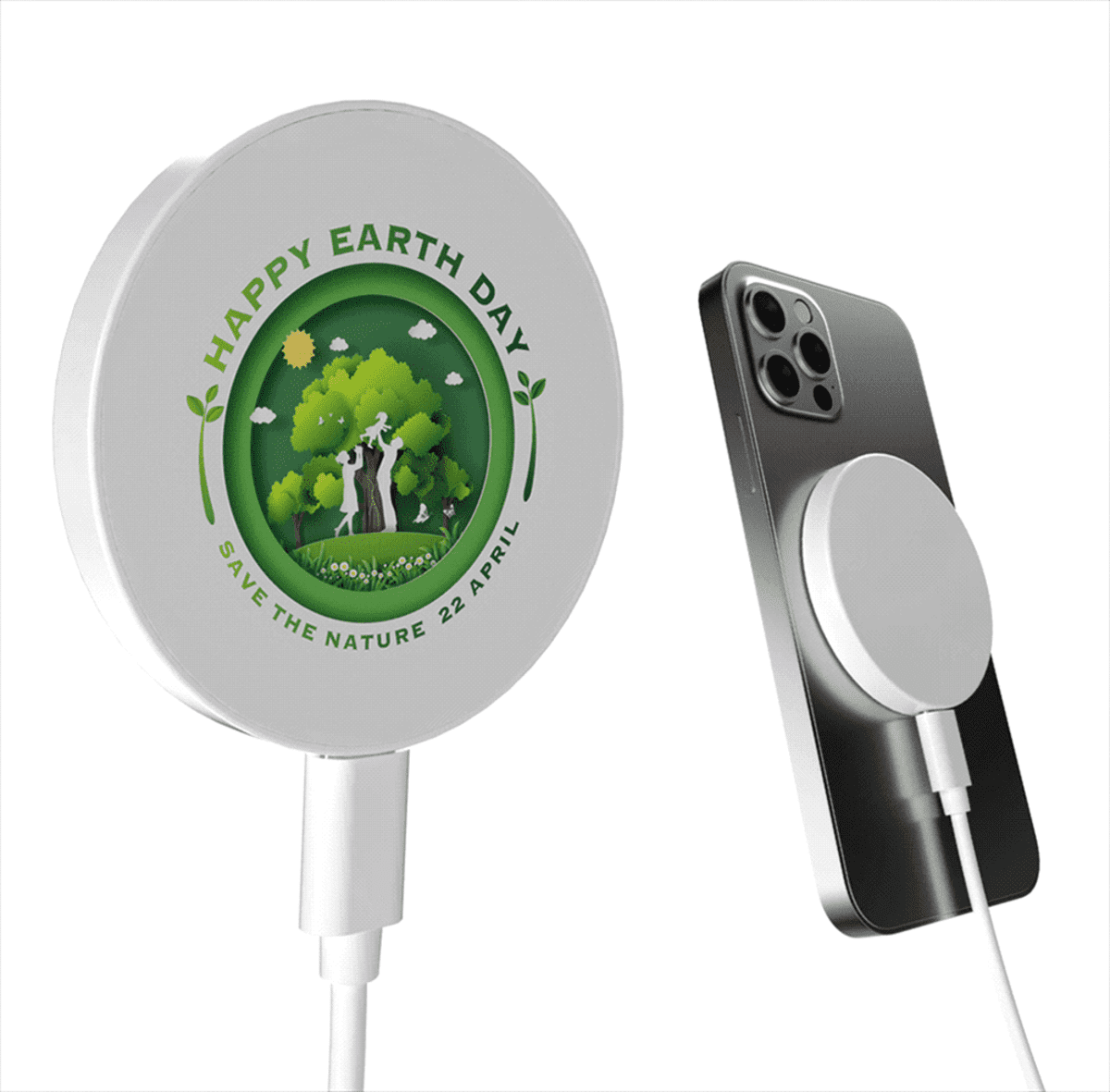 A wireless charger with a Happy Earth Day design, featuring green leaves and a tree, is shown next to a smartphone with the charger attached. The text around the design reads, Save the Nature 22 April.