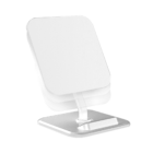 A sleek, transparent, adjustable phone or tablet stand made of plastic with a rectangular base and a curved arm supporting a square platform.
