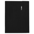 A sleek black notebook with a minimalist design. The cover has a narrow vertical fabric strip on the right, featuring a small metallic logo with the word Riteg. The notebooks surface appears smooth and slightly textured.